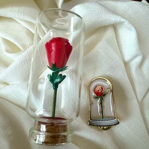 rose enamel pin and rose in glass dome - perfect for Valentine’s Day gift
